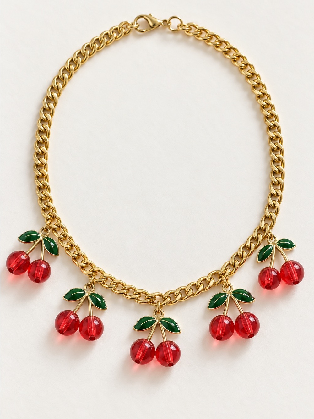 Vintage Gold Cherry Necklace with Red & Green Enamel Charms